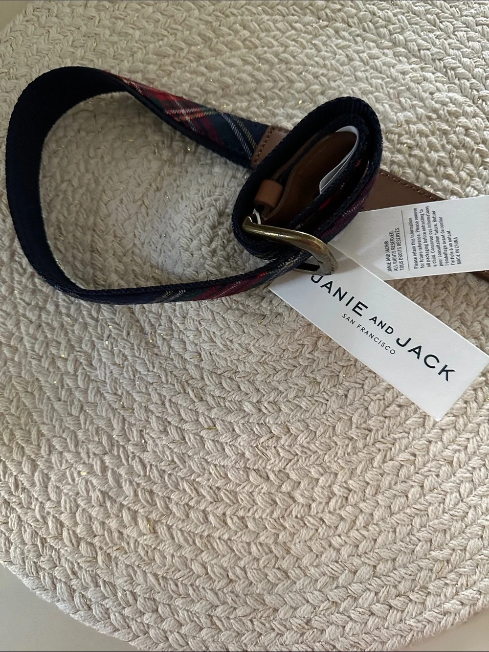 Janie and Jack Navy and Red Plaid Fabric Belt with Leather Trim NWT